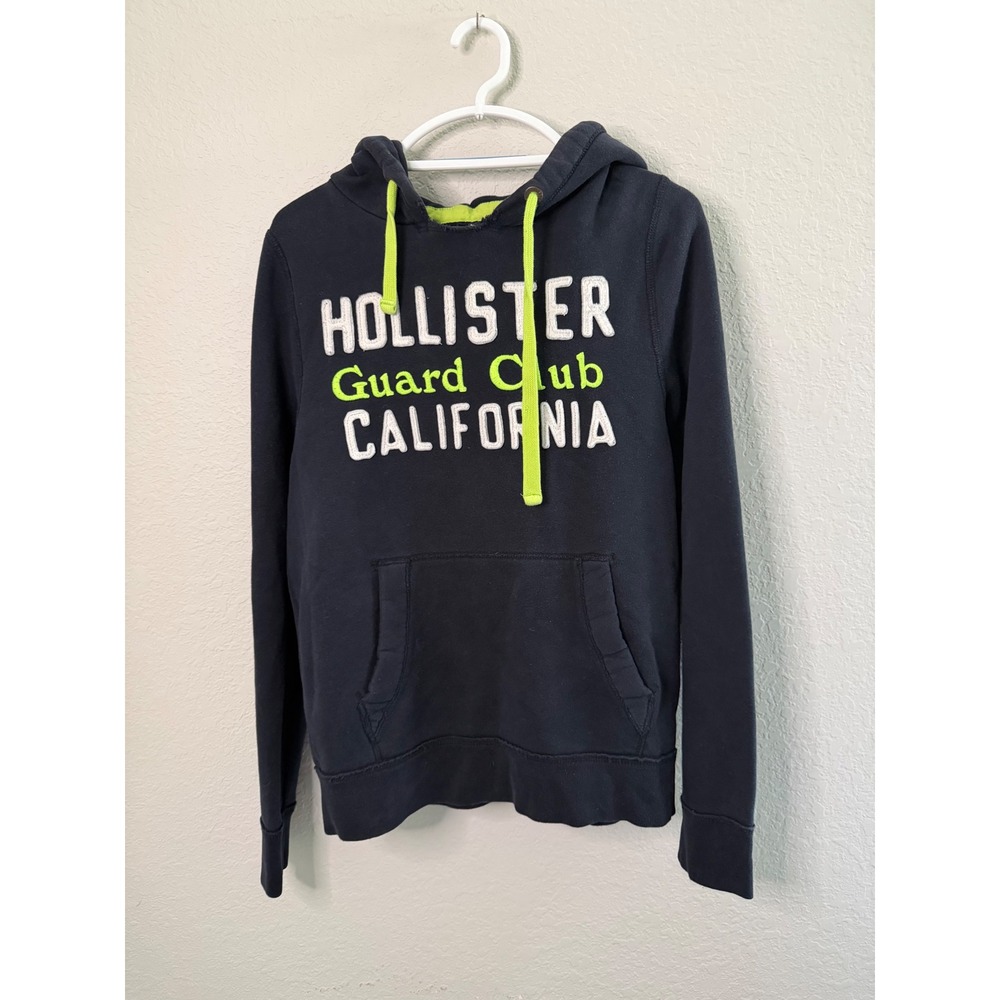 Hollister Guard Club California Navy Blue Neon Green Fleece Hoodie Mens L